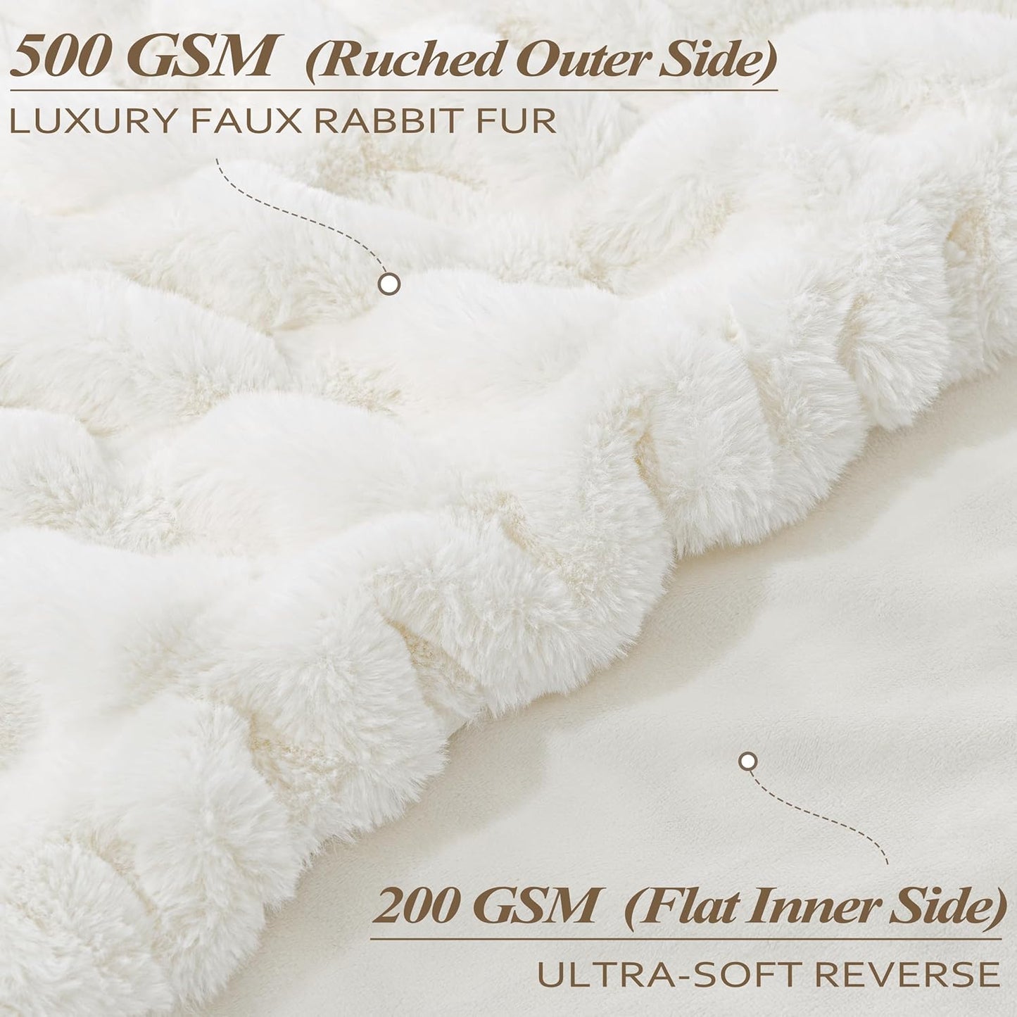 Touchat Ruched Faux Rabbit Fur Throw Blanket, 700 GSM Luxury Dual-Sided Soft Cozy Blanket, Fuzzy Fluffy Plush Blanket for Bed, Couch and Sofa - 50"x60", Cream White