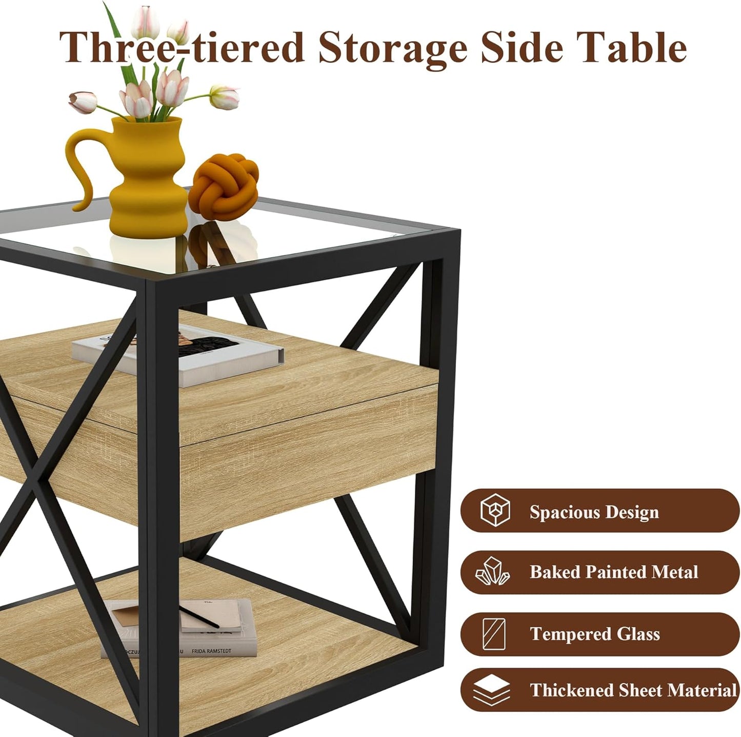 Farmhouse End Table Set of 2, Modern Side Table with Drawer&3-Tier Storage Shelf, Square Rustic Nightstand, Accent Tea Table, for Bedroom Office Living Room, Brown, Natural Wood, Glass, Metal