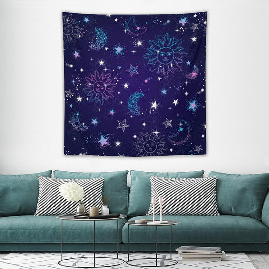 HZOHNAGO Boho Sun Moon Tapestry Purple Blue Sun Stars Galaxy Pattern Printed Wall Tapestry Wall Hanging for Bedroom Living Room Dorm 60" W x 60" H