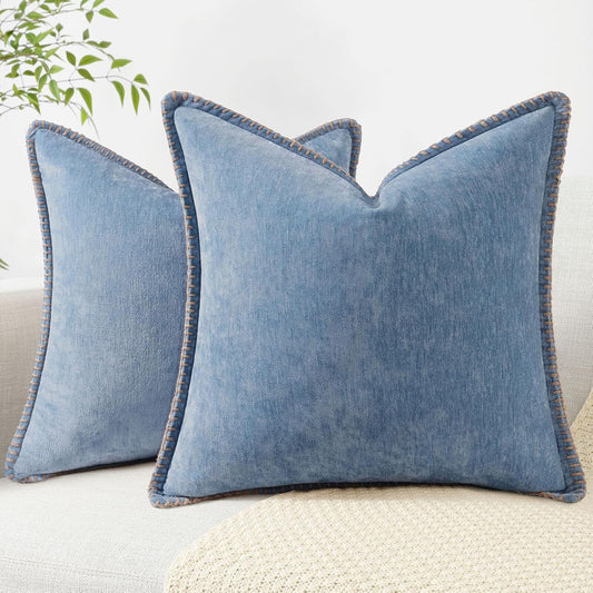 decorUhome Chenille Soft Throw Pillow Covers 16x16 Set of 2, Farmhouse Velvet Neutral Decorative Euro Pillow Covers with Stitched Edge for Couch Sofa Bed Home Decor, Blue