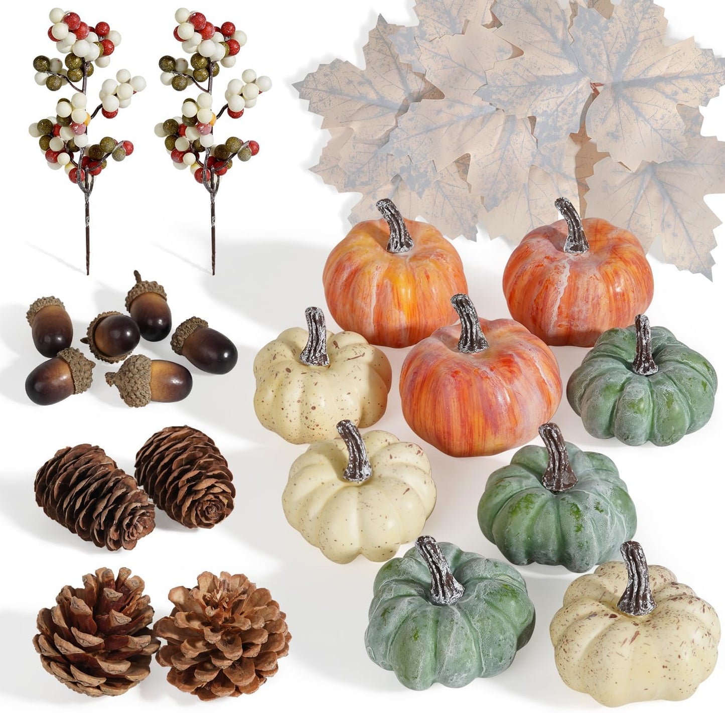 Artmag 25 PCS Pumpkin Decor Set, Artificial Pumpkins Fall Decor for Halloween Thanksgiving Decorations with Acorns, Pinecones, Berries, Maple Leaves for Home Table