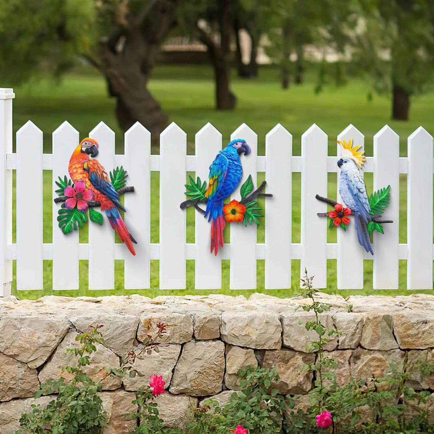 Metal Parrots Wall Art Decor Outdoor Decorations for Yard, Outdoor Garden Decor, Patio Decorations Garden Metal Bird Wall Decor-12 Inches Parrot Large Hanging Wall Decor 3 Pack