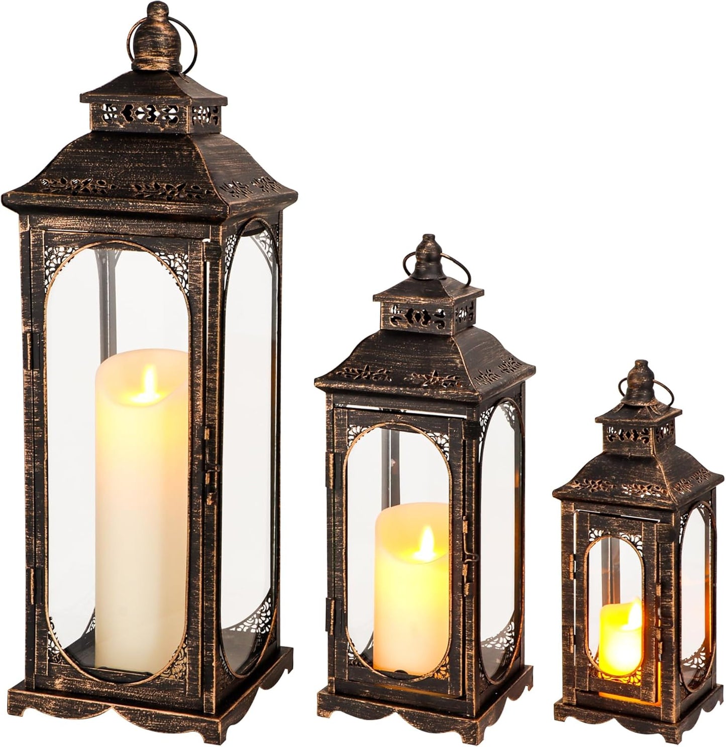 TRIROCKS Set of 3 Vintage Candle Lanterns 10/14/19.5''H Decorative Outdoor Lantern Metal Candle Holder with Tempered Glass for Home Living Room Garden Yard Event Indoor Outdoor (Black with Gold Brush)