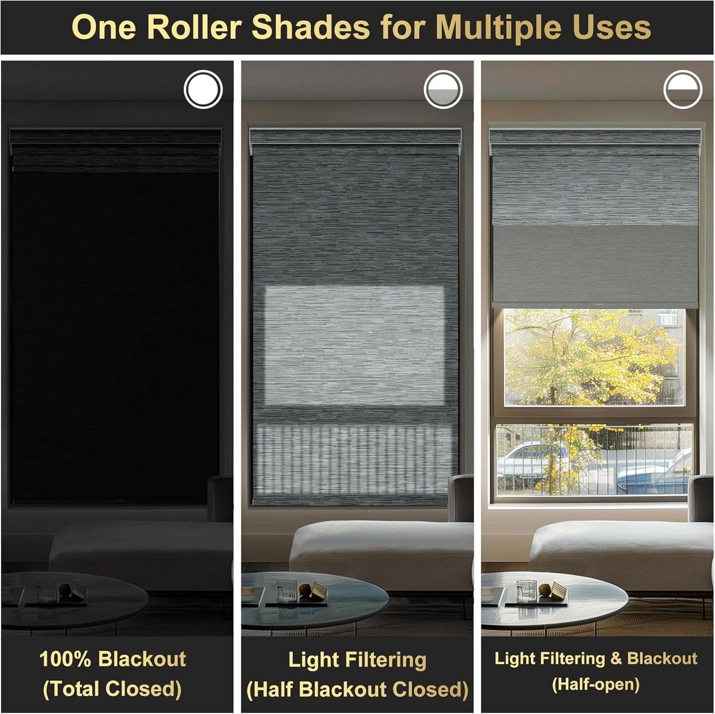 BERISSA Cordless Dual Roller Shades - Double Blackout & Light Filtering, Day & Night for Home Office Door. Striped Jacquard Grey. 64 Width x 36 Height