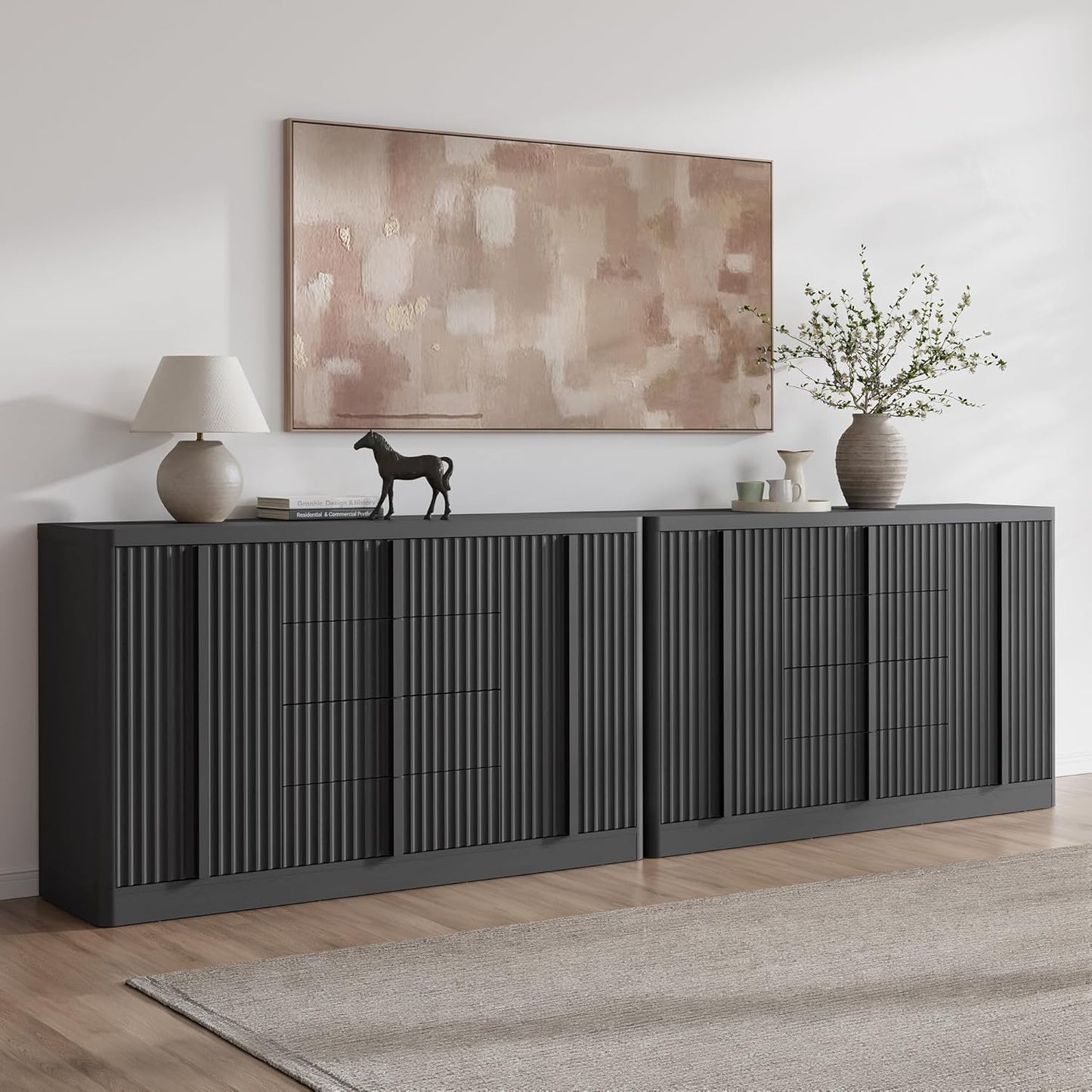 Buffet Cabinet with Storage, 120" Fluted Coffee Bar with 8 Drawers & 4 Doors, Modern Sideboard Buffet with Solid Wood Handle, Credenza Storage Cabinet for Living Room Kitchen Dining Room, Black(2PCS)