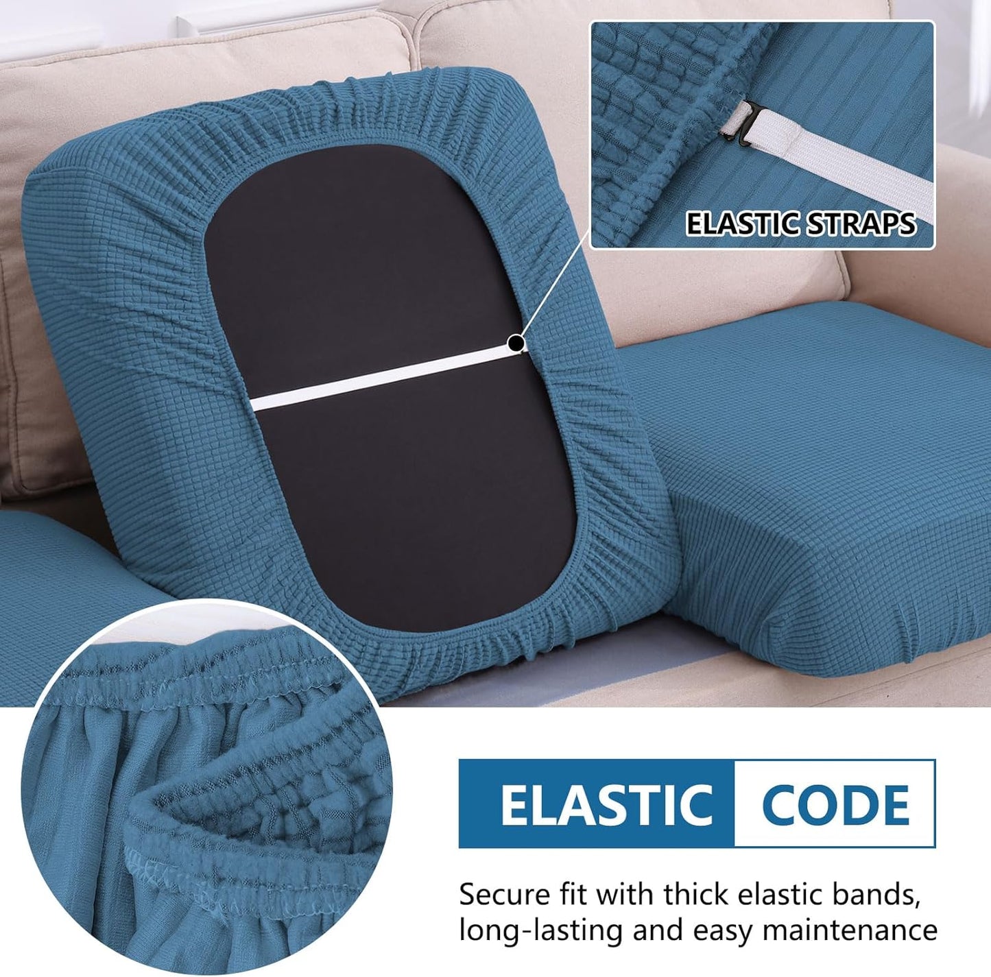 hyha Waterproof Couch Cushion Covers for Pets, Non Slip Sofa Seat Cover for Dogs Washable, Soft Thick Stretch Jacquard Fabric, Sofa Slipcovers with Elastic Bottom (3 Pieces, Blue)