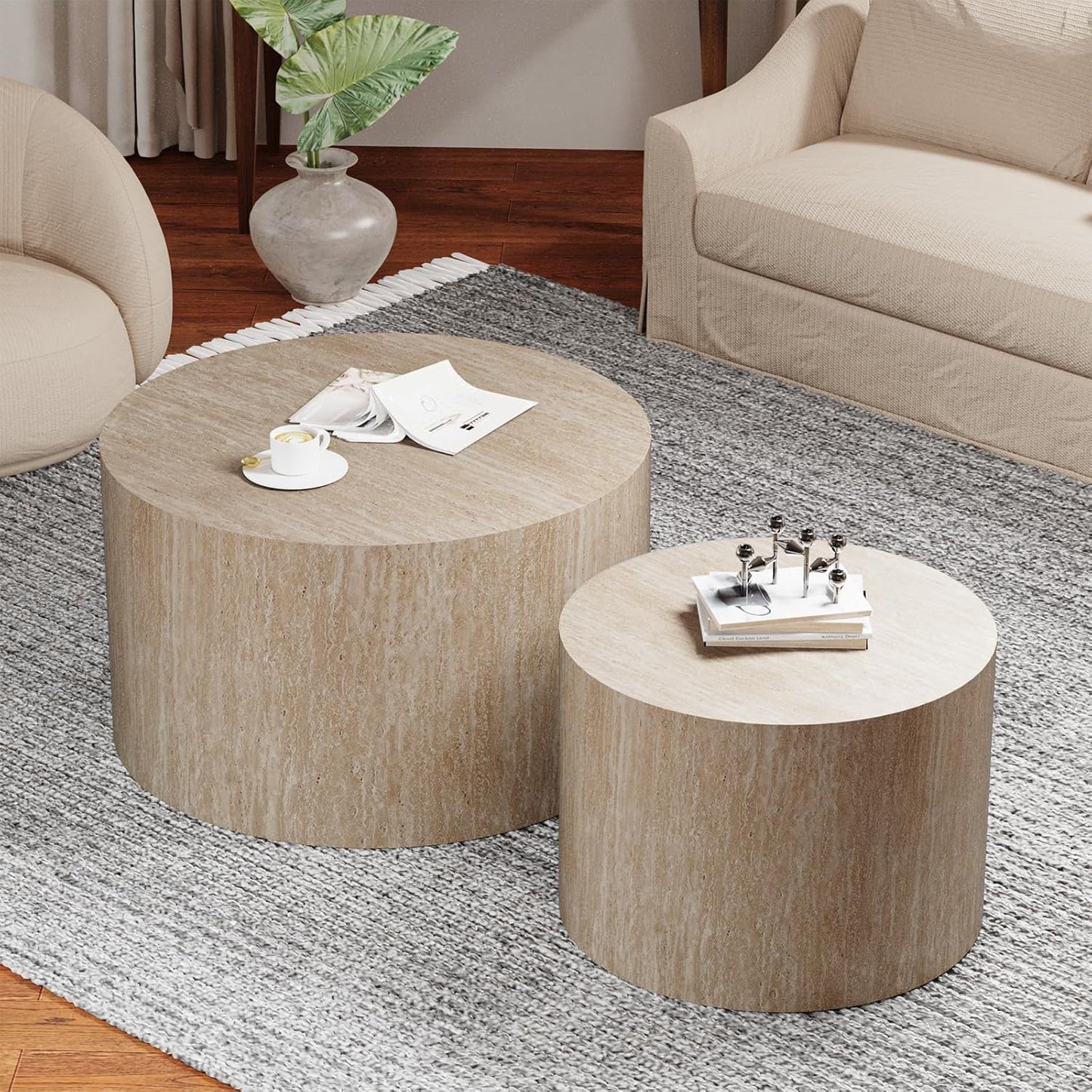 Round Nesting Coffee Table, Drum Wood Coffee Table Set of 2 Travertine-Color, Modern Nesting Tables Circle Center Table 2 Piece for Small Spaces Living Room Bedroom Balcony Office, No Assembling
