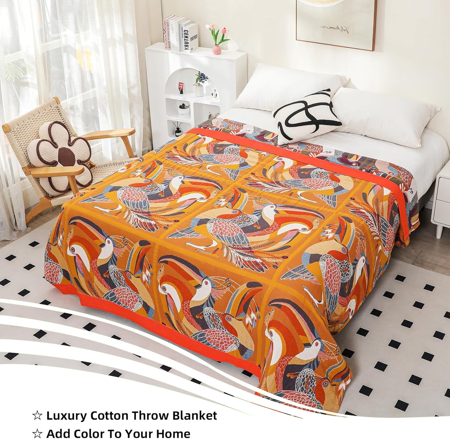 Boho Large Throw Blanket, 100% Organic Cotton Breathable Soft Bed Throw - Floral Bird Farmhouse Decor Blanket for Sofa Couch Chair Quilt and Gift. 60" x 80"- Colorful