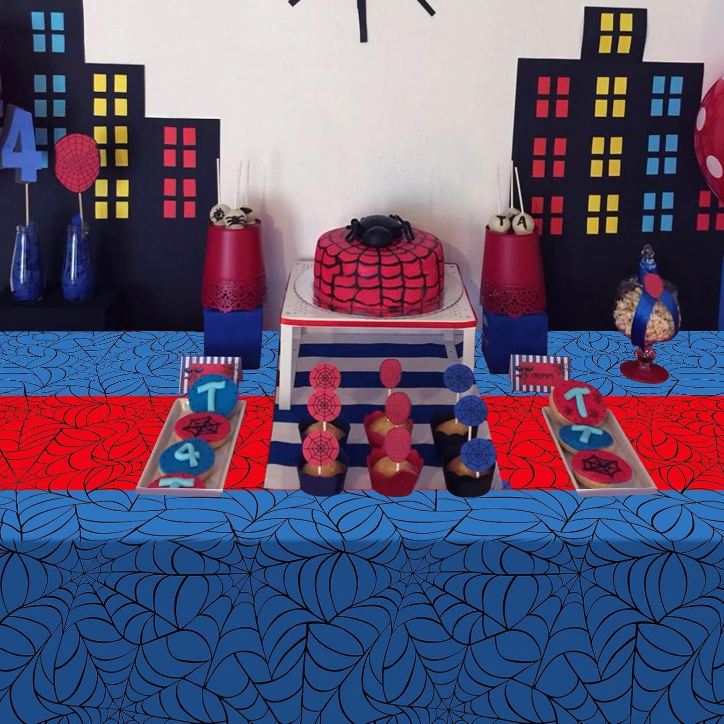 6Pcs Spider Web Themed Birthday Party Tablecloth Decorations,Blue Hero Plastic Table Cover with Red Runner Disposable Rectangle Table Cloth for Baby Shower Kids Boy Birthday Party Supplies,54x108 Inch