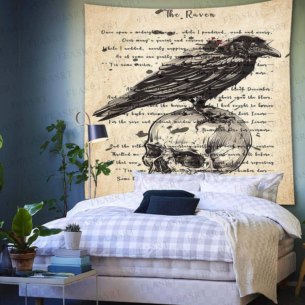 Gothic Skull and Raven Dictionary Tapestry The Raven Wall Tapestry Edgar Allan Poe Rustic Home Room Mural Posters 51x60 Inches for Living Room Bedroom Home Dorm GTQQAY1543