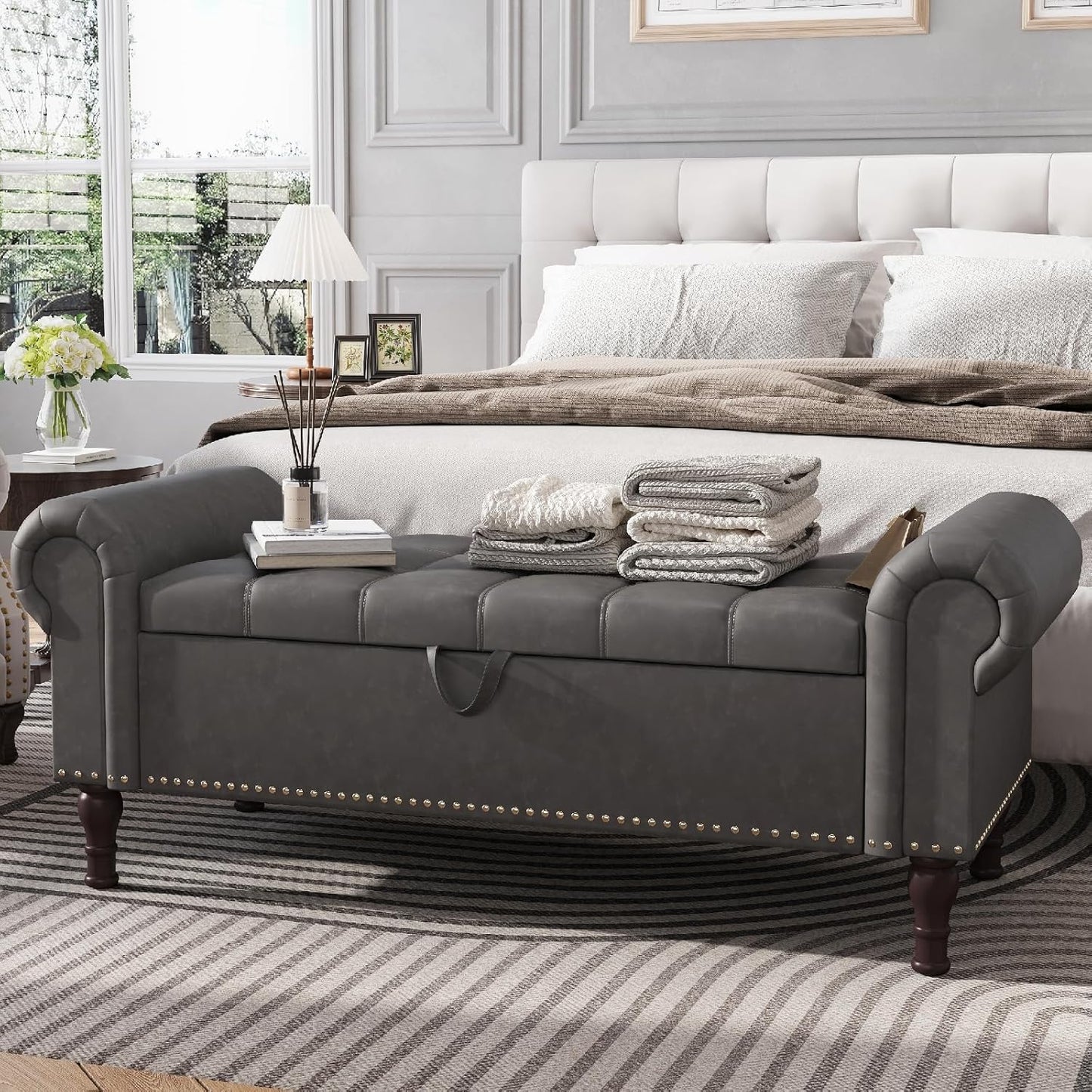 Apicizon 51”Bench with Storage, Upholstered Tufted Button Window Bench with Plenty Hidden Storage Space,Faux Leather Ottoman Bench for Bedroom, Living Room, Entryway，Gray