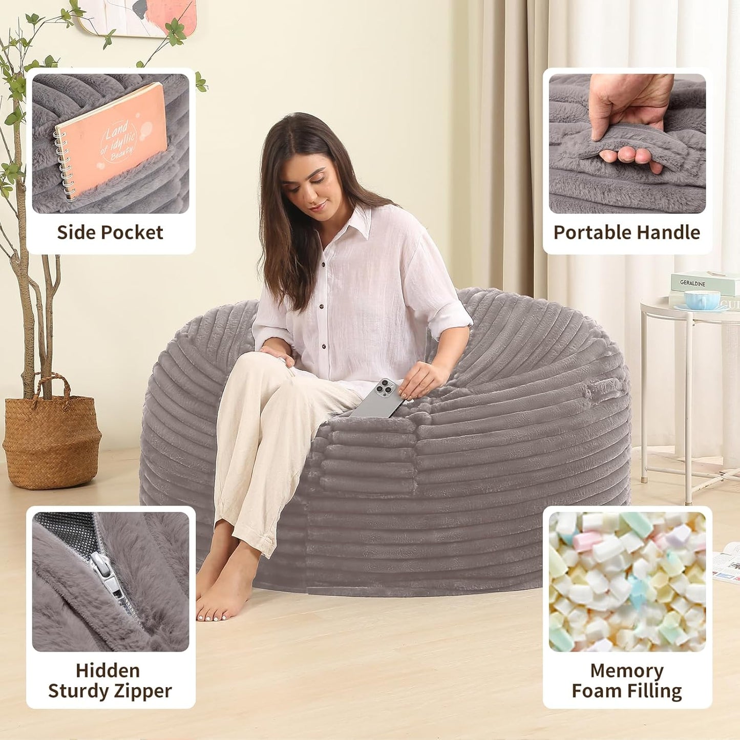 4FT Memory Foam Bean Bag Chair for Adults/Teens, Bean Bag Sofa with Fluffy Removable Cover, for Living Room Bedroom, Grey