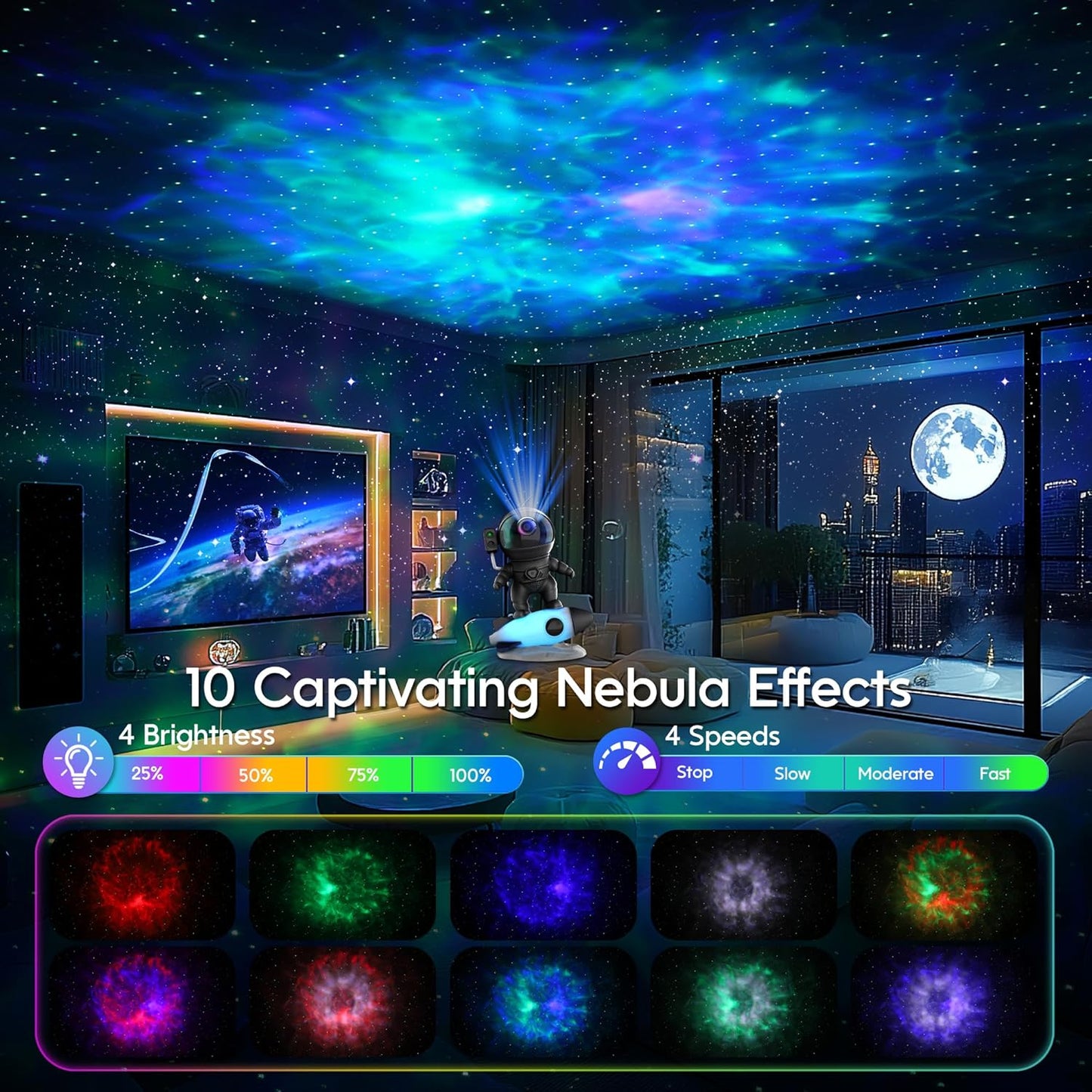 Astronaut Galaxy Projector, Star Projector Rocket Night Light for Kids Room, 360° Adjustable Magnetic Head, Bluetooth Speaker, Timer, White Noise with Remote APP Button Control Idea for Gift