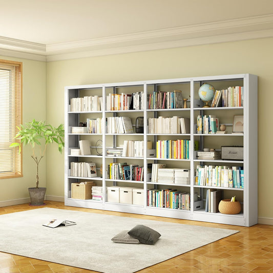 5-Tier Industrial Bookshelf, White Bookcases and Bookshelves,Tall Metal Book Shelf Storage Organizer,Freestanding Bookshelf for Living Room,Home Office(White, Shelf-4)