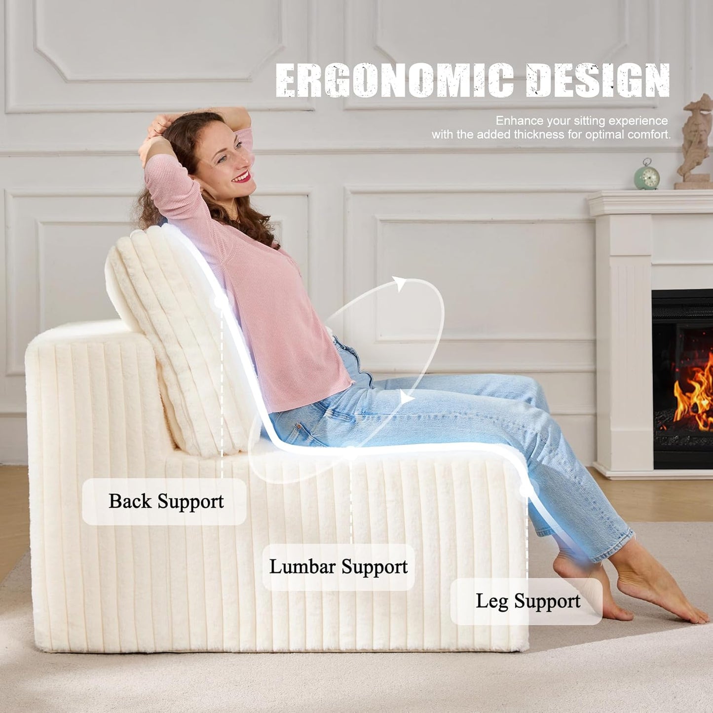 Single Sofa 1 Seat Couch with Deep Seat Memory Foam Cloud Chair with Pillows Large Sofa with L Shape for Living Room Bedroom (Strip White, Single)