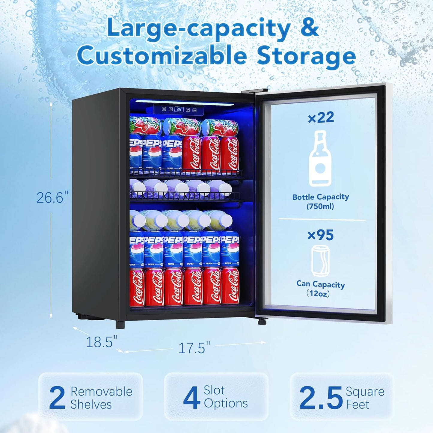 2.5 Cu.Ft Beverage Fridge, Mini Fridge With Glass Door, Beverage Cooler Refrigerator, Wine Drink Beer Cooler, Adjustable Shelves & Digital Temperature Display, 22 Bottle 95 Can