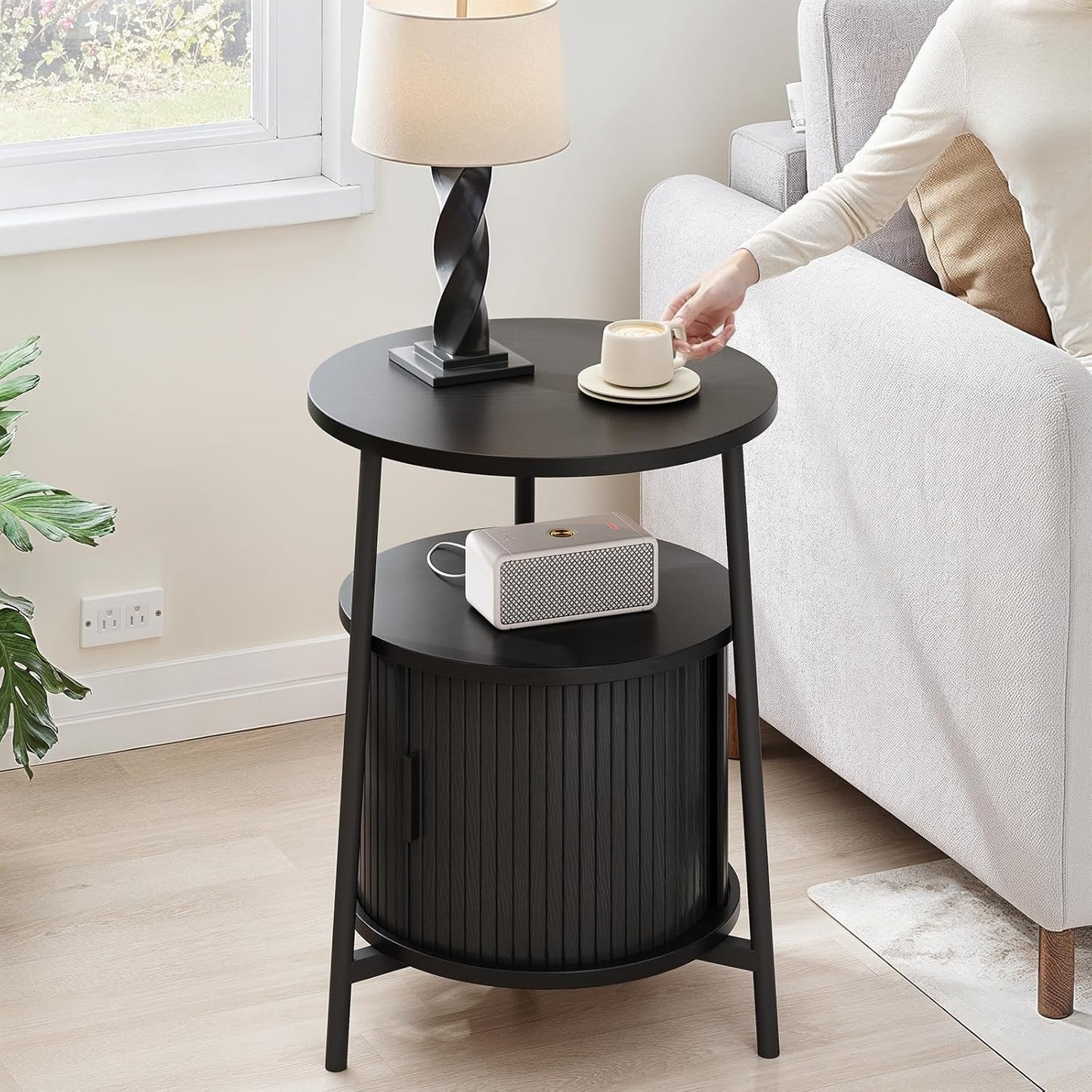 Round Side Table with Storage, Fluted Nightstand with Charging Station, Small Mid-Century Modern Bedside Tables, Black End Tables for Small Space Living Room Bedroom Sofa Couch