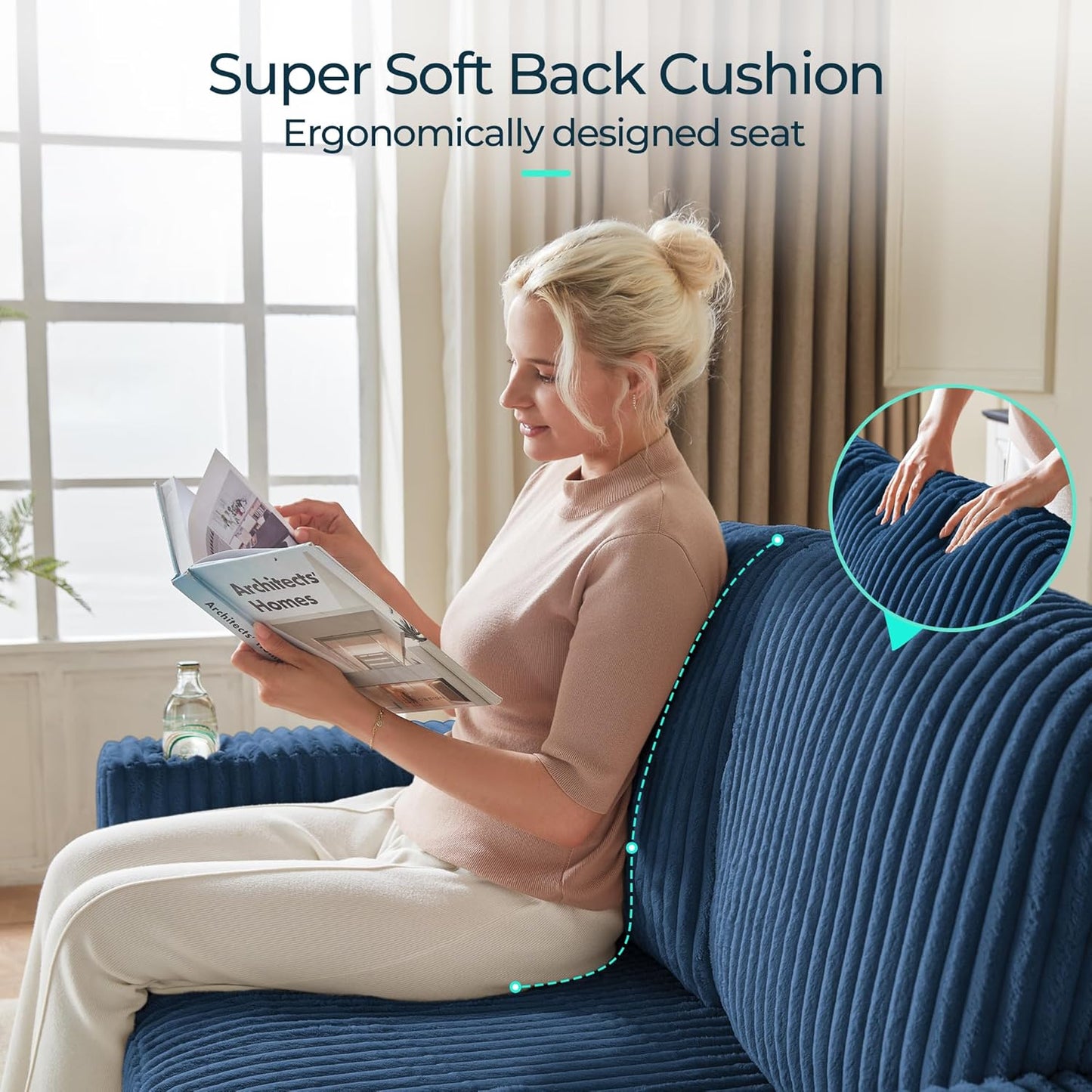 LINSY HOME Loveseat Sofa with Pull Out Couch Chaise: 2-in-1 Convertible 2 Seater Sofa with USB Charging & Cup Holders, Comfy Plush Corduroy Love Seat for Small Spaces Living Room Apartment, Blue