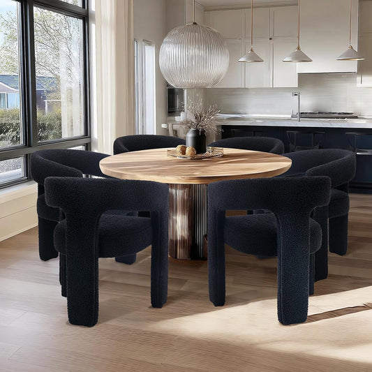 Black Sherpa Dining Chairs Set of 6, Modern Barrel Dining Room Chairs Upholstered Faux Fur Accent Chair with Arms and Round Back for Living Room Kitchen Armchair No Assembly Needed