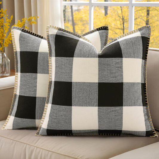 decorUhome Buffalo Plaid Check Throw Pillow Covers 24x24 Set of 2, Outdoor Decorative Farmhouse Neutral Pillow Covers with Stitched Edge for Bed Couch Sofa, Black and White