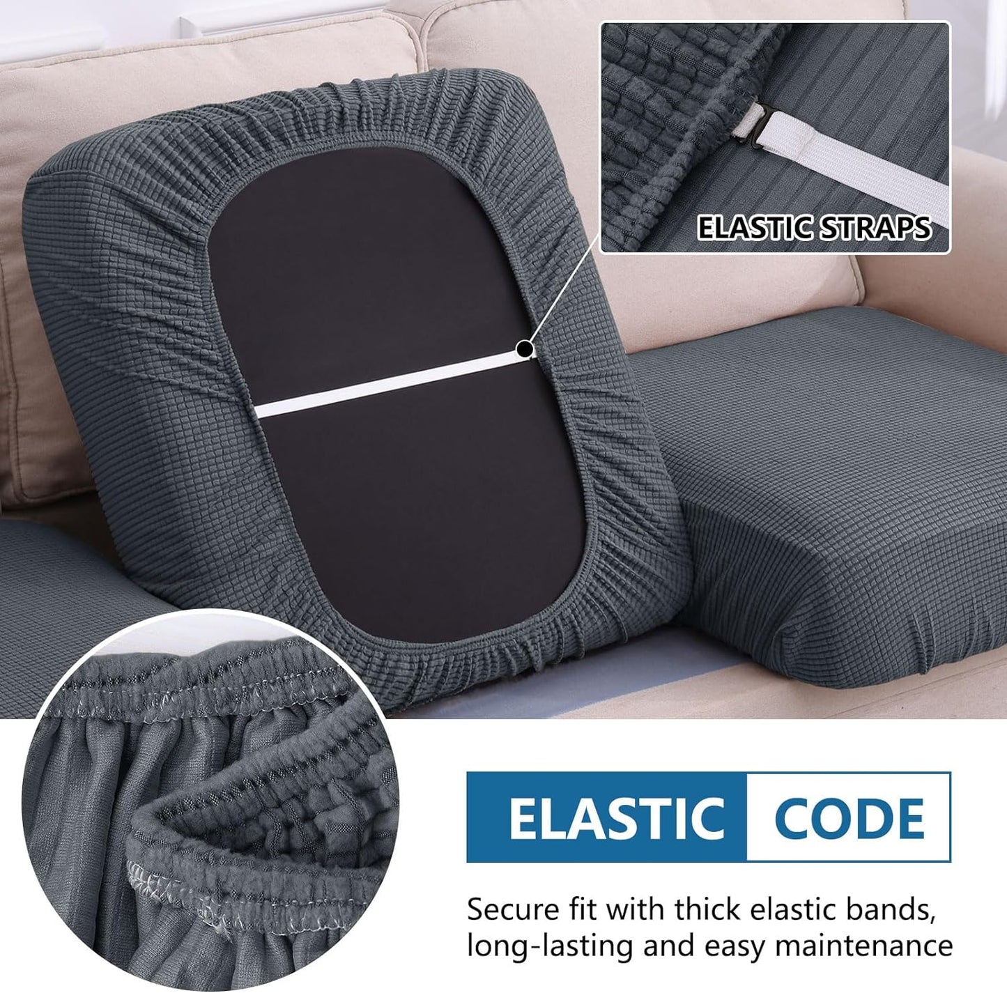 hyha Waterproof Couch Cushion Covers, Sectional Sofa Cushion Slipcovers L Shape, Thick Stretch Jacquard Fabric, Washable Chaise Lounge Cover with Elastic Bottom (1 Piece for Chaise, Grey)