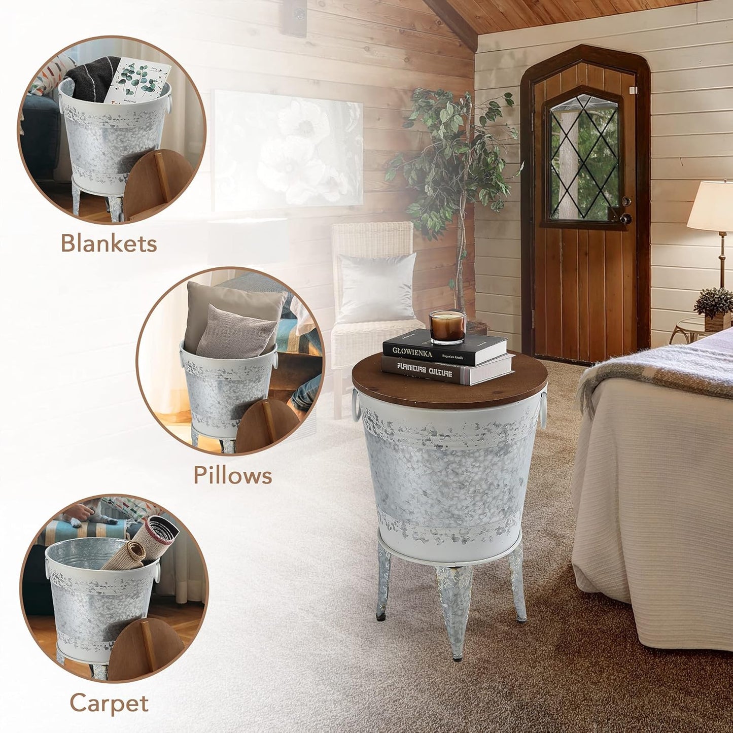 Rustic Storage Farmhouse Accent Side Table, Antique Galvanized Metal End Coffee Cocktail Table Box Bin with Round Wooden Lid Set of 2 (Distressed White)