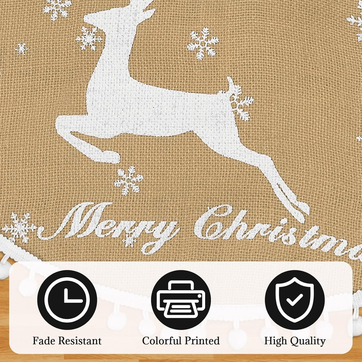 48 Inch Christmas Tree Skirt, Burlap Linen Color Christmas Rustic Tree Skirt with Elk Deer and White Snowflake Printed for Holiday Party Xmas Tree Decoration