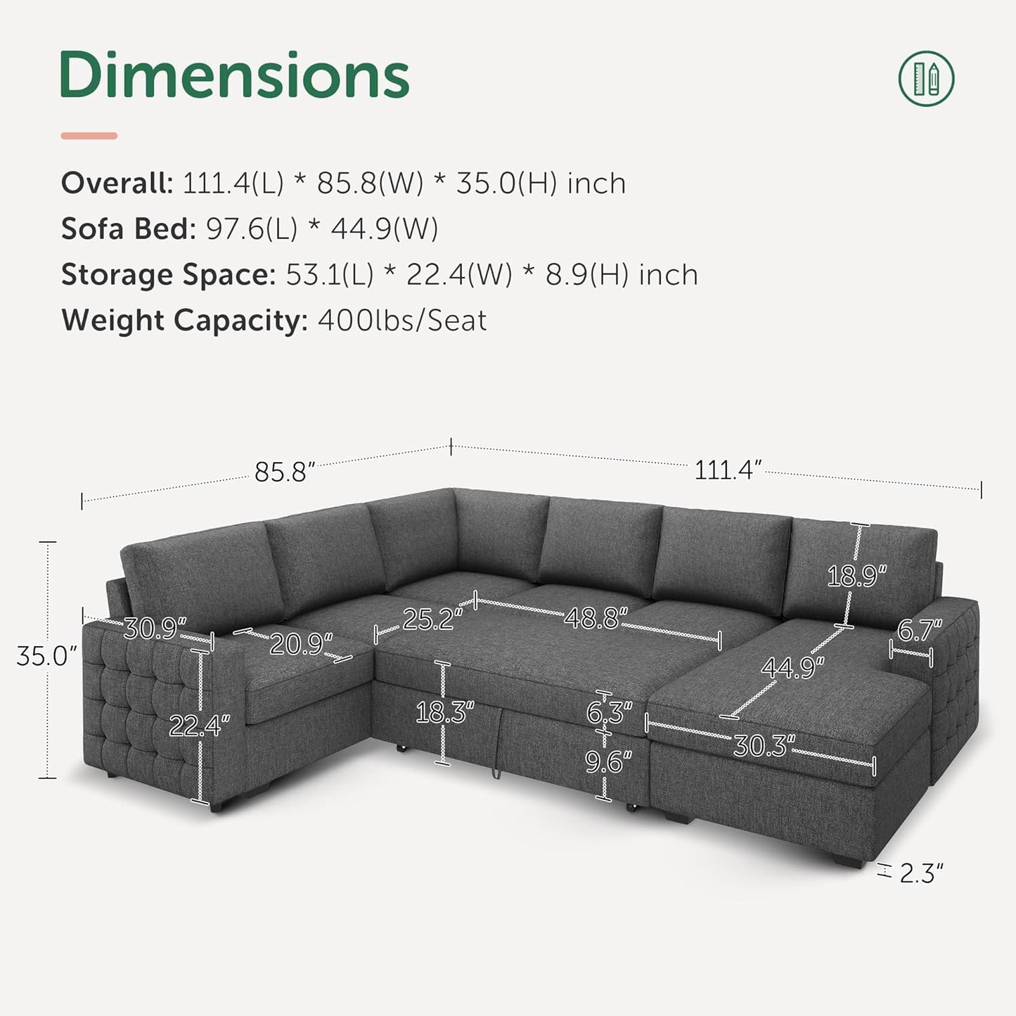 HONBAY Sectional Sleeper Sofa with Pull Out Bed U-Shape Sectional Couch Sleeper Bed with Storage Chaise 6 Seater, Light Grey