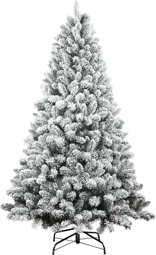 6ft Snow Flocked Christmas Tree, Unlit Artificial Holiday Christmas Pine Tree, Hinged Xmas Tree with Pine Cone, Full Appearance Snowy w/Easy Assembly, Metal Stand