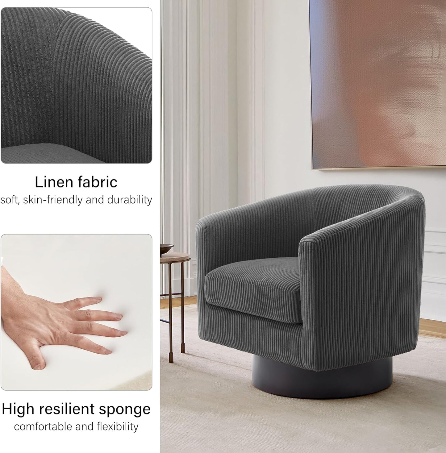 Swivel Barrel Accent Chair, Modern Round Corduroy Fabric Arm Chair for Living Room, Bedroom, Comfy Club Reading Chairs for Adults (Corduroy Grey, Set of 2)