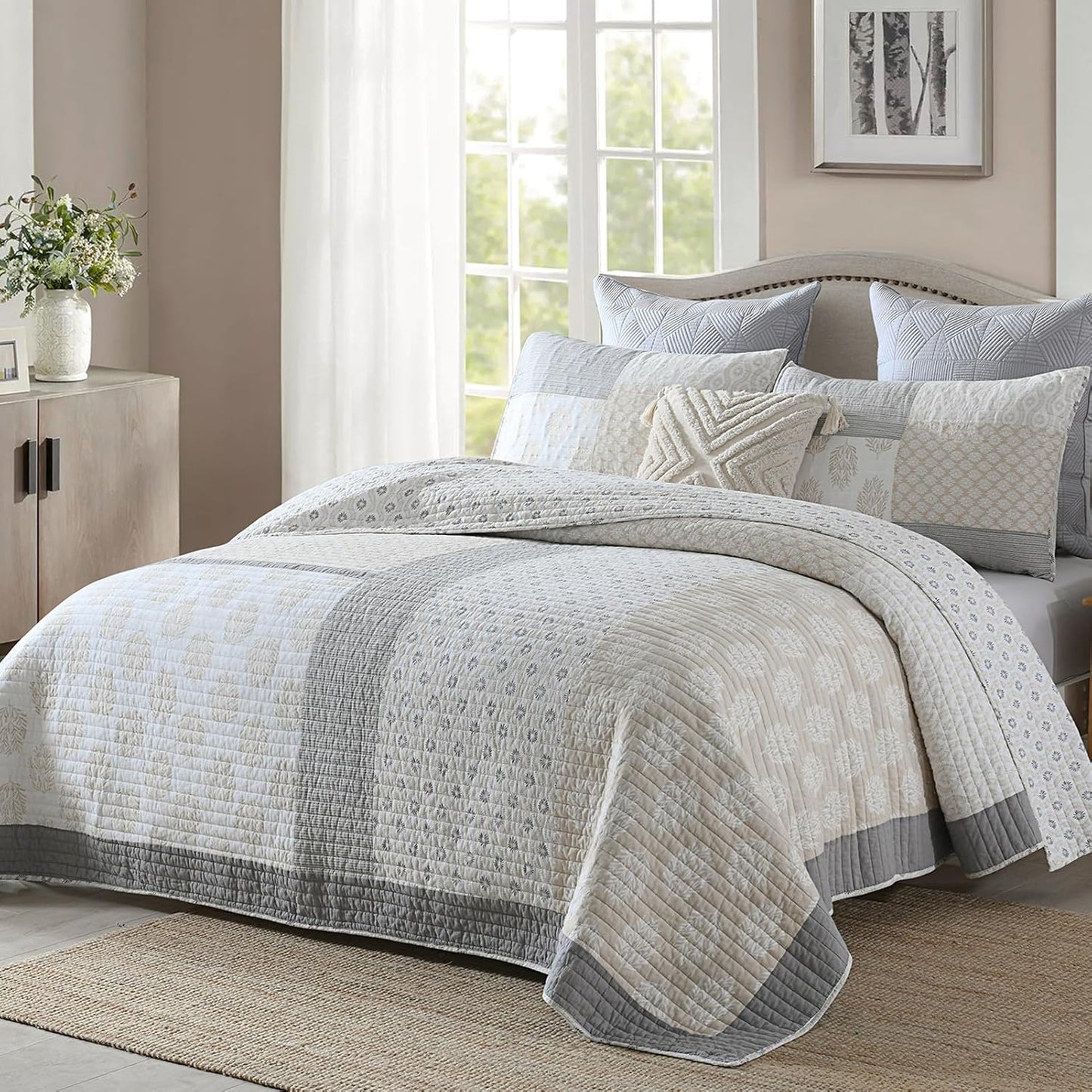 PANGUSHAN Quilt Set King Size, 100% Cotton Bedspread Quilt Bedding Set, Floral Patchwork Quilt Set for King Bed, Moonbeam Bed Spread, Lightweight Comforter Reversible Quilt, All Season, 3 Pieces