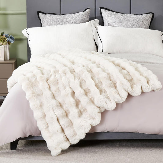 DREAMNINE Oversized Soft Thick Fuzzy Faux Rabbit Fur Throw Blanket Twin Size 60" x 71", Double Sided Comfy Plush Warm Shaggy Fluffy Blankets, Luxury Cozy Cute Furry Blanket for Bed Couch, Cream White