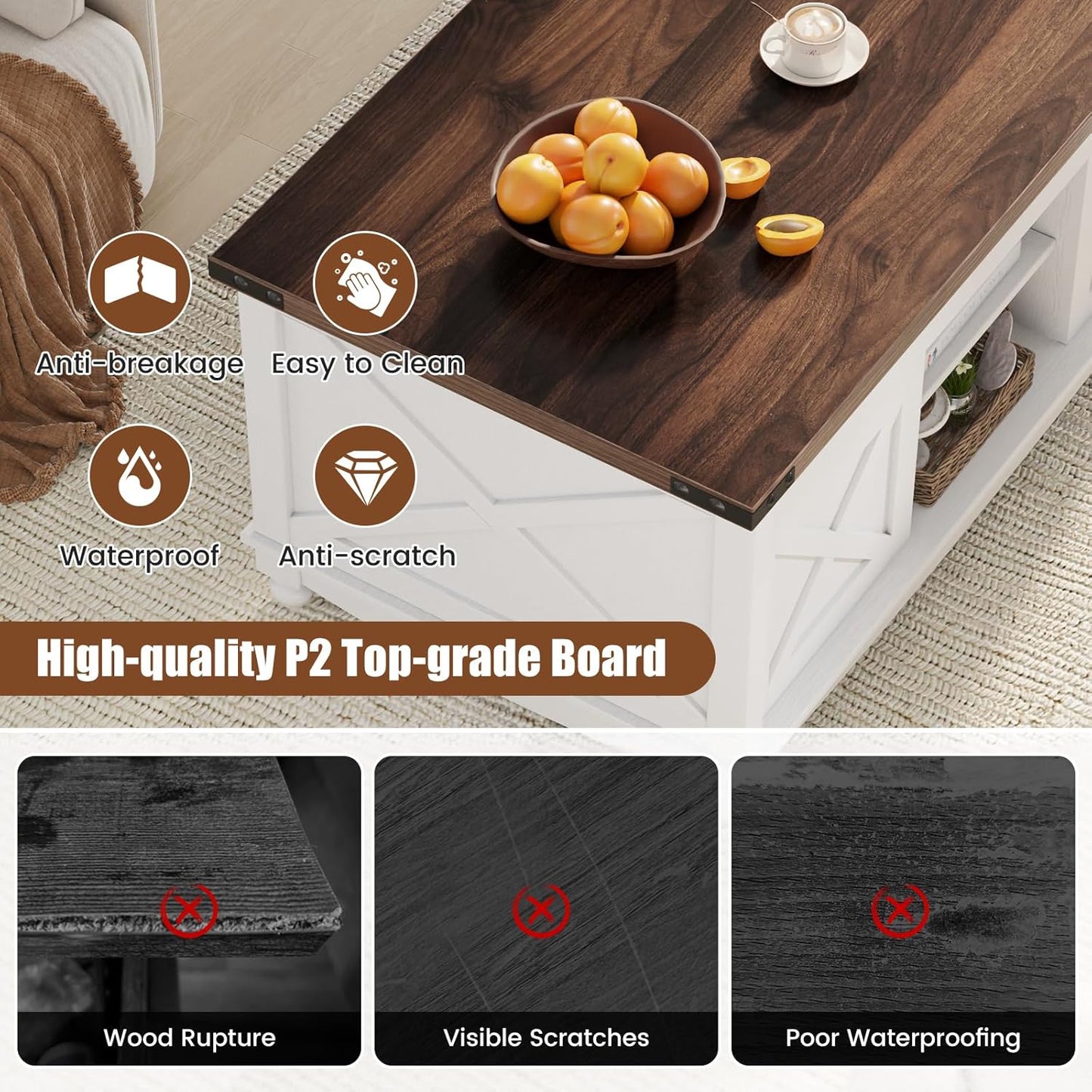 48" Farmhouse Lift Top Coffee Table with Storage Sliding Barn Door & Large Hidden Compartment, Coffee Table with Lifting Top with Wooden Lift Tabletop, Coffee Tables for Living Room, White