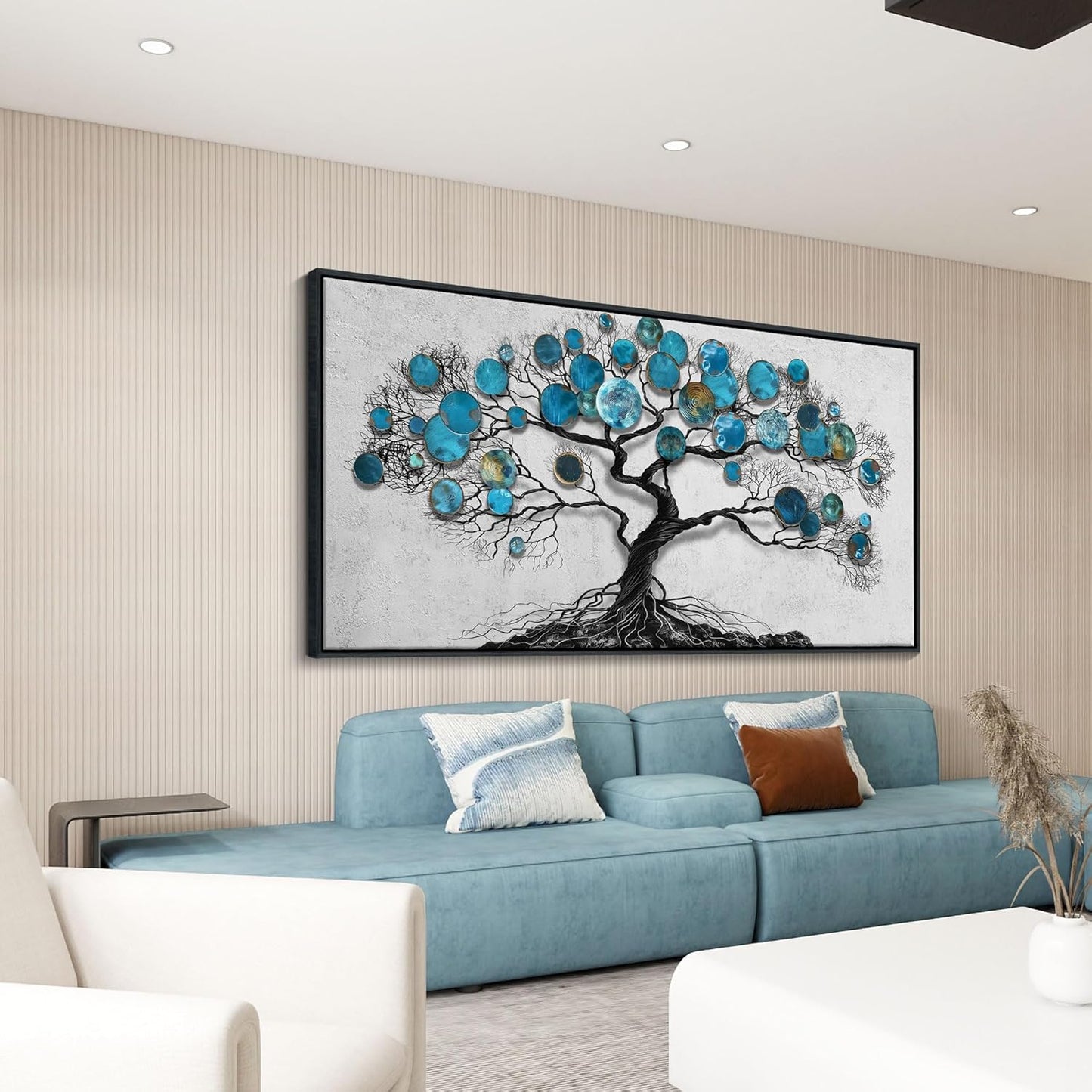 CHATYOUNG Canvas Wall Art Bedroom - Tenacious Tree of Life Blue and Gray Painting Modern Black Framed Artwork for Living Room Bedroom Dining Room Office Home Decor 48"x24"