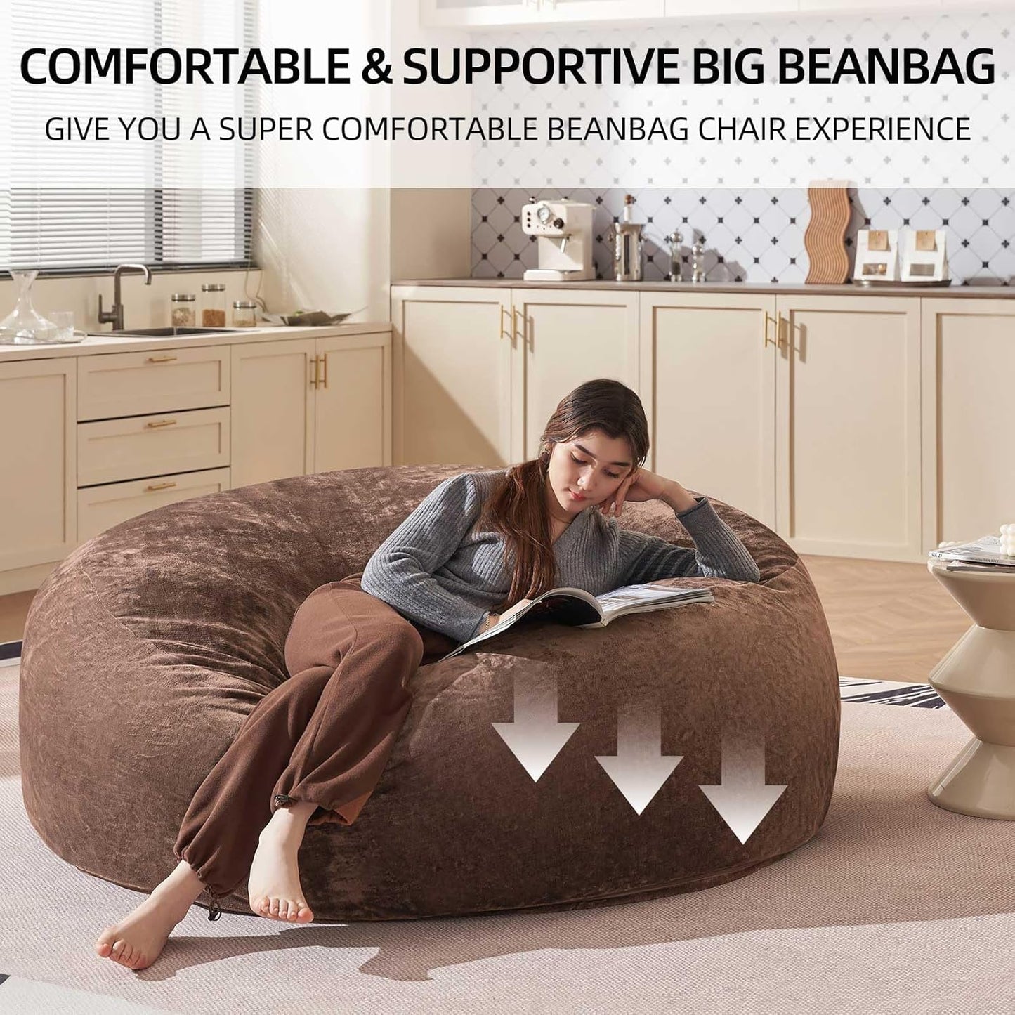 Bean Bag Chair 6Ft, Memory Foam Filled, Large Beanbag Chairs for Adults and Teens, Soft Sofa with Removable Flannel Cover, Round Couch for Living Room Bedroom College Dorm (Coffee, 6FT-67×67"×24")