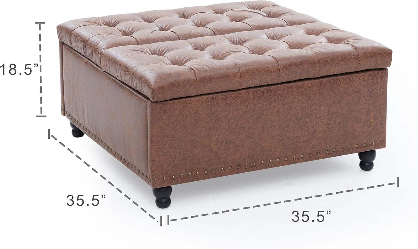 Tbfit Large Square Storage Ottoman Bench, Tufted Upholstered Coffee Table Ottoman with Lift Top & Solid Wood Legs, Oversized Storage Ottomans Toy Box for Living Room (Brown)