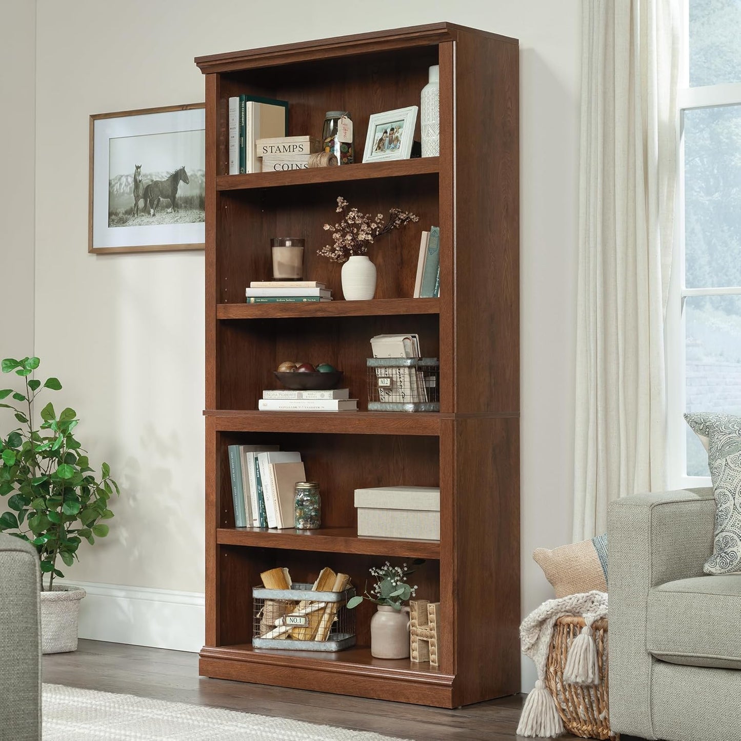 Sauder Miscellaneous Storage 5 Split Bookcase/Book Shelf, L: 35.28" x W: 13.23" x H: 69.76", Oiled Oak finish