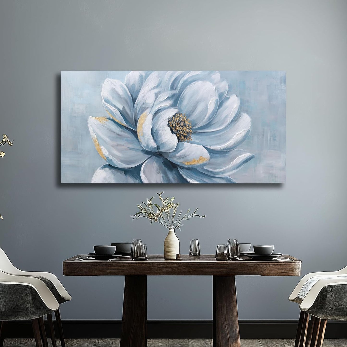 Belmrxne Flower Pictures Wall Decor White and Gold Wall Art Large Canvas Painting Modern Minimalist Artwork for Living Room Bedroom Dining Room Office Home Decor 30x60inch