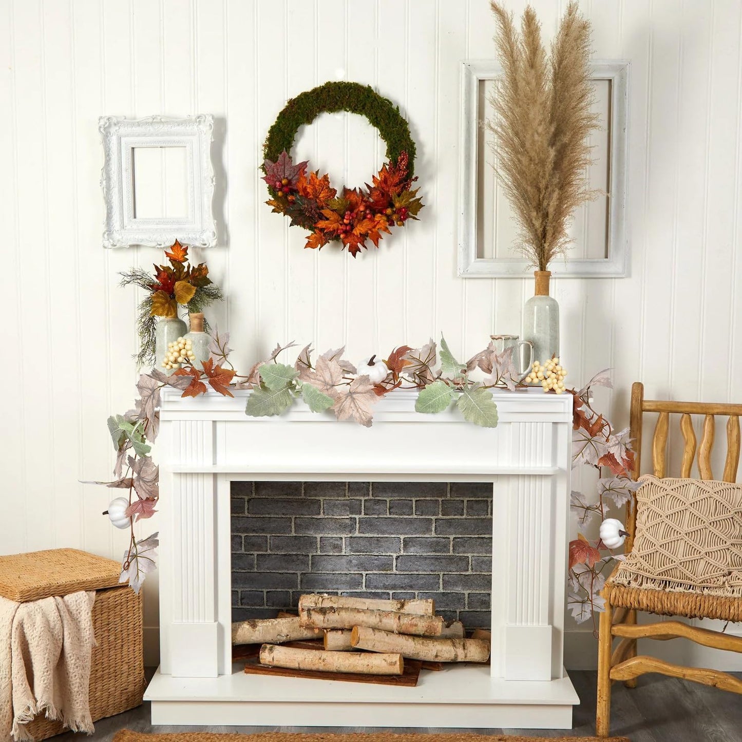 Lvydec Fall Maple Leaves Garland Decoration - 5.8ft Artificial Fall Foliage Garland with White Pumpkins Autumn Decor for Halloween Thanksgiving Home Table Decor (White)