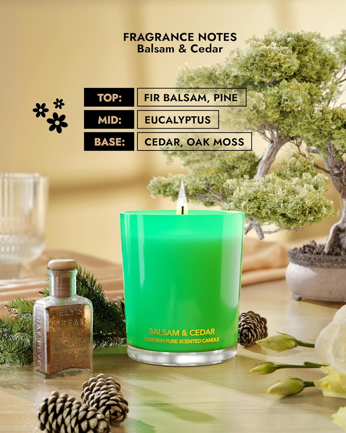 96NORTH Pure Candle Balsam & Cedar Scented | 100% Natural Soy Wax | 1-Wick Jar Candle | Natural Fragrance Technology | Non Toxic | Up to 35 Hours Burning Time | Ideal Christmas Candles Gift