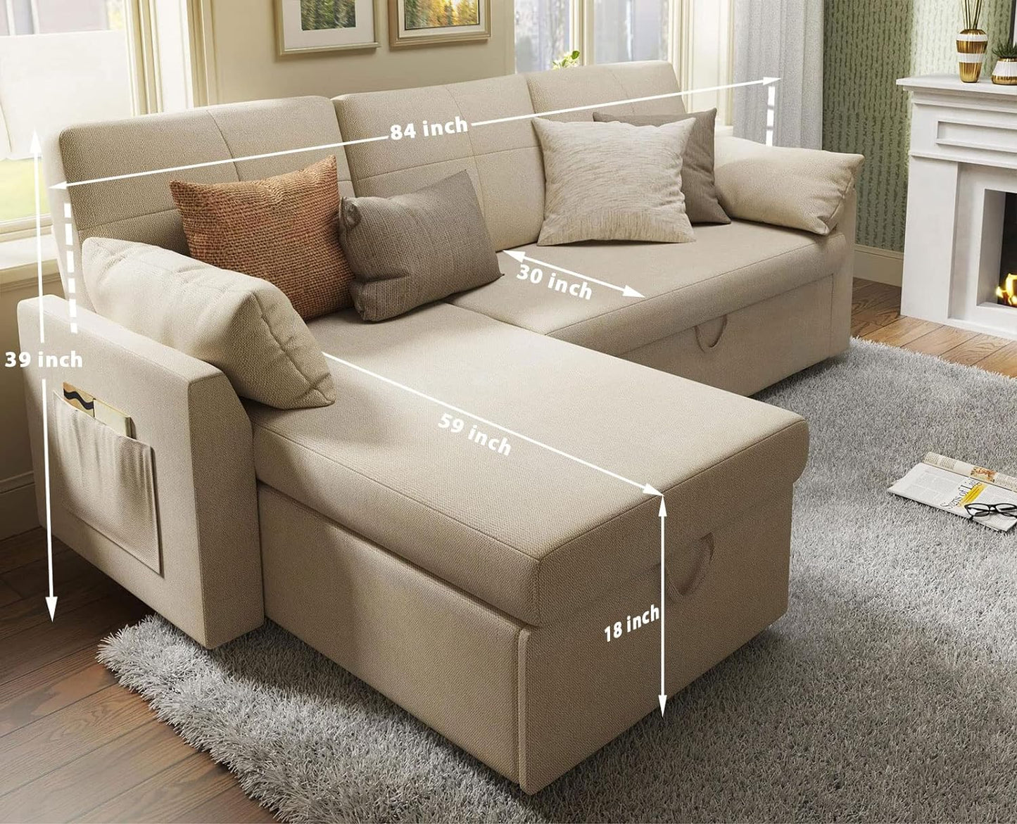 VanAcc Sleeper Sofa, Sofa Bed- 2 in 1 Pull Out Couch Bed with Storage Chaise for Living Room, Comfy Sleeper Couch, Beige Chenille