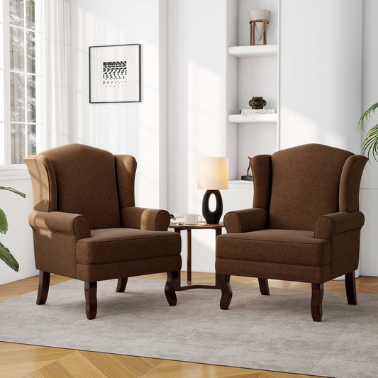 Accent Chair, High Back Upholstered Armchair with High Resilience Sponge & Wood Legs, Mid-Century Modern Comfy Single Sofa Reading Chairs for Living Room, Bedroom (Brown, Set of 2)