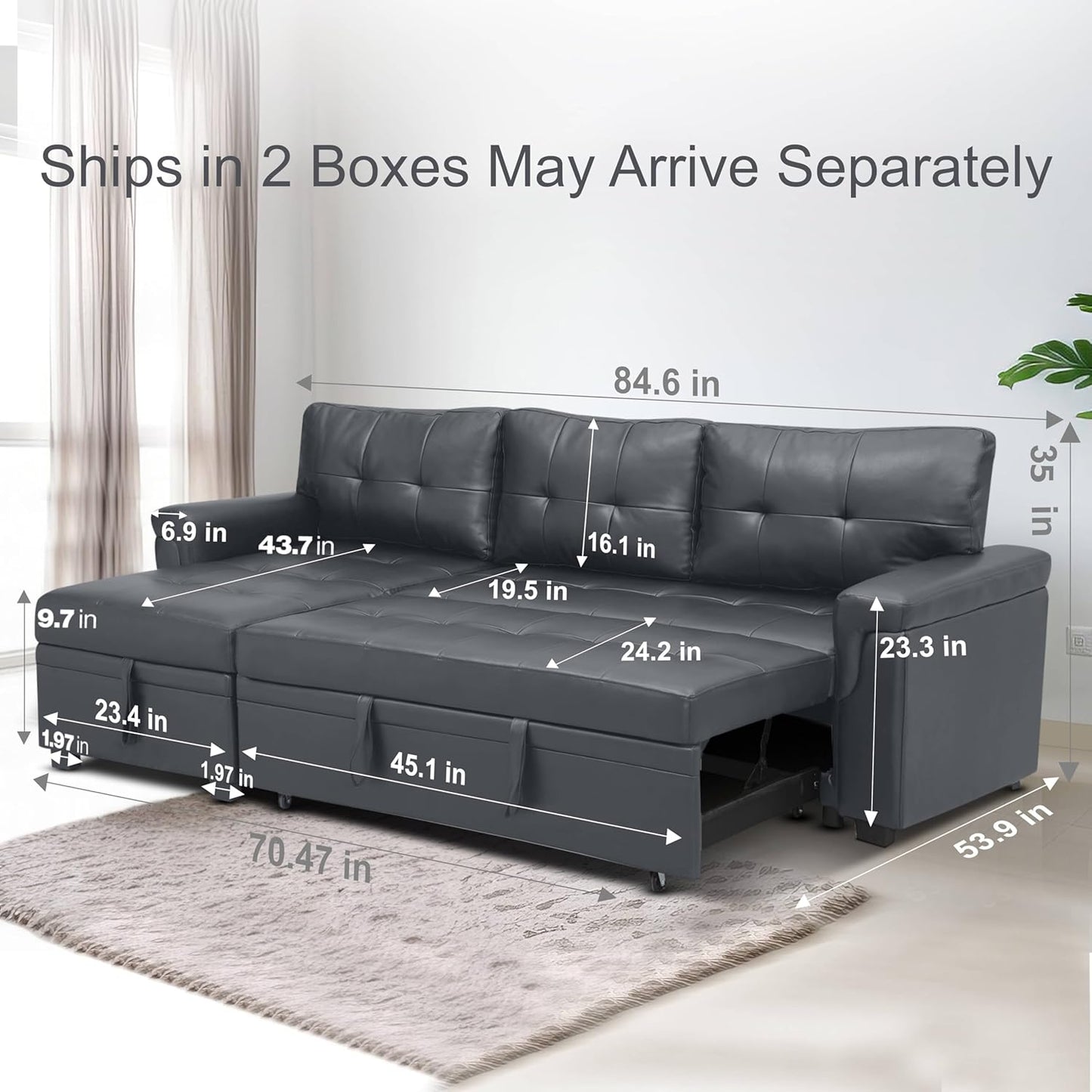 Naomi Home Transform Any Space: Sleeper Sectional Sofa with Convertible Sofa Bed & Inviting Chaise. Find Tranquil Comfort with Stress-Relieving Design & Durable Cushions - Dark Gray/Air Leather
