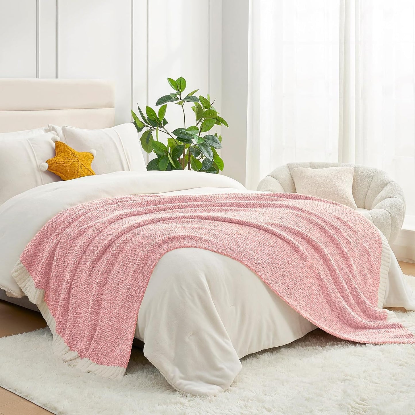 Snuggle Sac Buttery Pink Throw Blanket for Couch, Reversible Super Soft Knitted Blankets, Warm Cozy Knit Fuzzy Plush Lightweight Throws Dupes for Sofa, Bed, Picnic, Pink, 50 x 70 inches