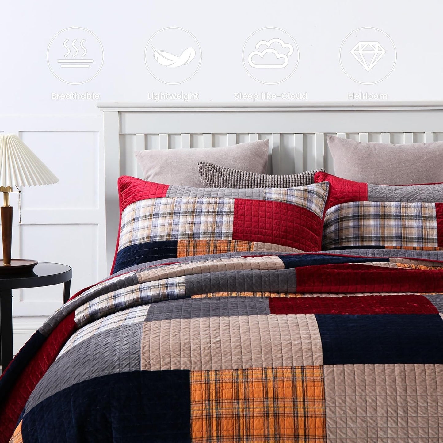 Secgo Velvet Queen Comforter Set for Bed - 100% Cotton Quilts Queen Size, Red, Black Bedspreads (90 * 98 Inch) with 2 Pillow Shams, Patchwork Reversible Lightweight Bedding