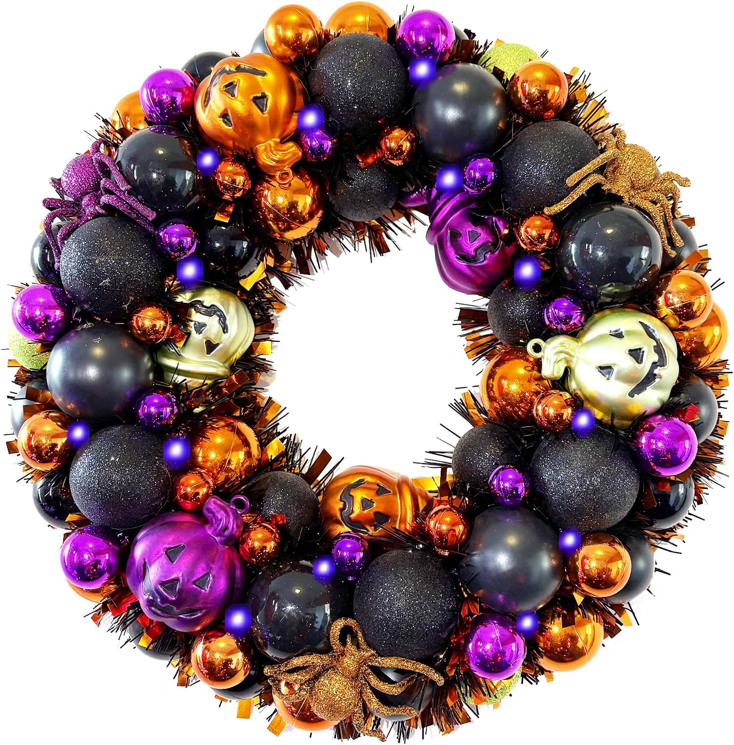 13.8 Inch Halloween Ball Wreath for Front Door with Lights, Lighted Cute Treat-or-Trick Door Wreath Ball Ornament for Halloween Indoor Decorations Centerpiece Party Holiday Wall Home Decor