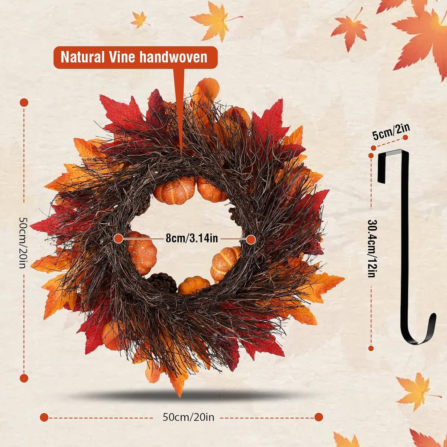 20 Inch Thanksgiving Fall Wreath, Berries Pumpkins Maple Leaves Pine Cones Autumn Wreaths with Hook for Front Door, Fall Decor, Porch Wall Home Outdoor Holiday Decorations Wreath for Autumn