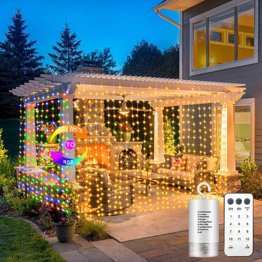 300 LED Fairy Curtain Lights 2 Color Changing, 9.8Ft x 9.8Ft Hanging Lights Battery Operated with Hooks, Outdoor Curtain Light Waterproof for Party Backdrop Patio Decorations (Warm White & Color)