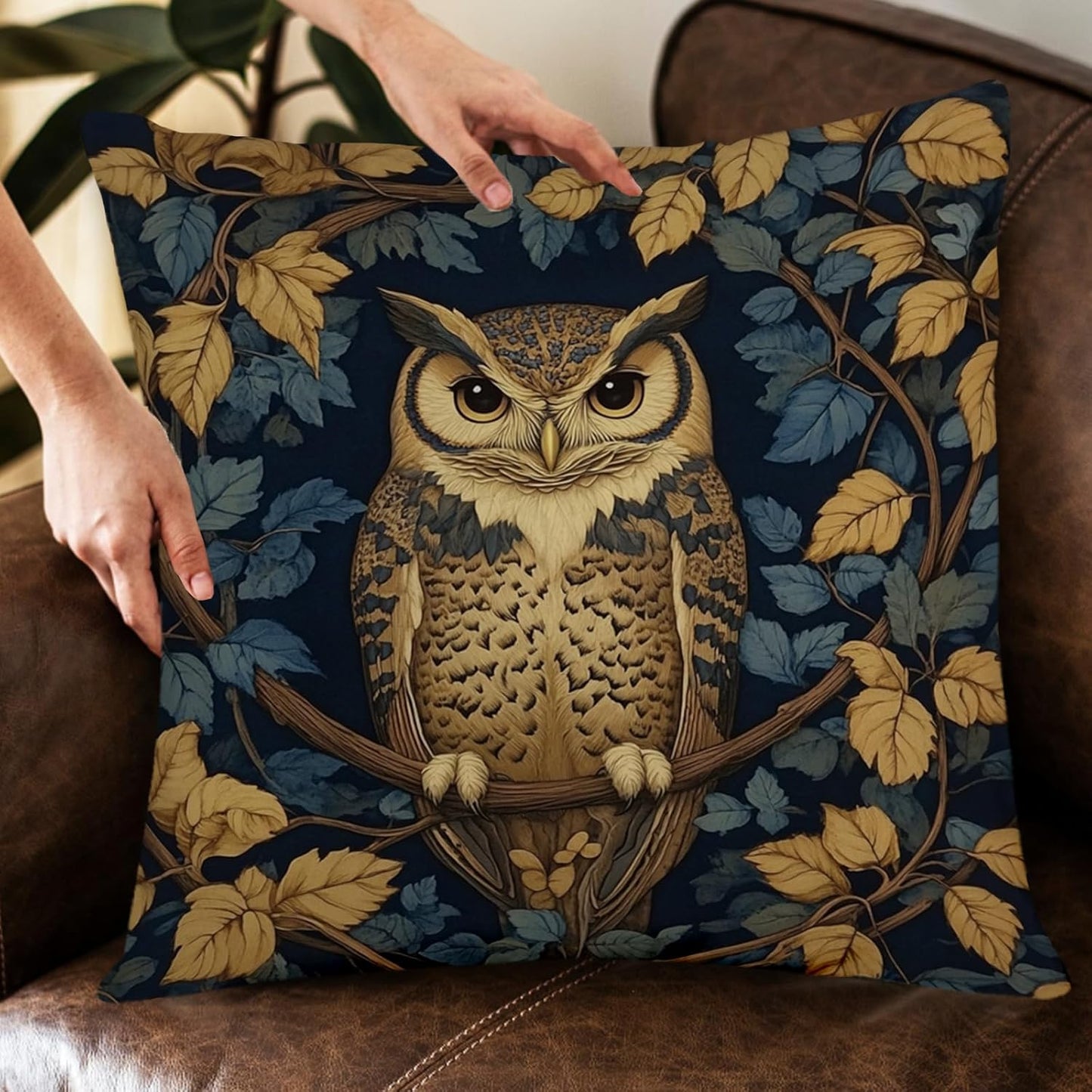 YOU FOUND ME William Morris Abstract Vintage Floral Velvet Butterfly Design Throw Pillow Covers Home Decor, Retro Art Deco Pillowcase Cushion Cover for Bed Sofa Living Room, Square 18x18inch (Owl)