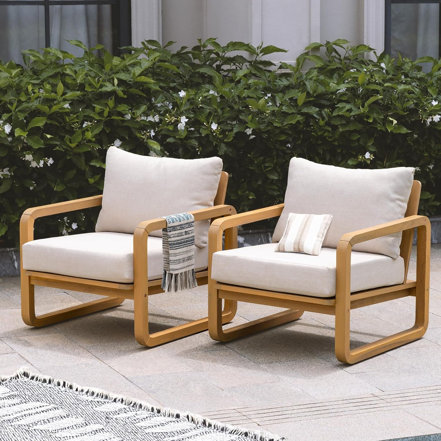 Idzo Ivy Wood Club Chair Set of 2 – Beige Fabric, Outdoor Wooden Armchair Seating with Cushions for Patio, Garden, or Balcony Relaxation